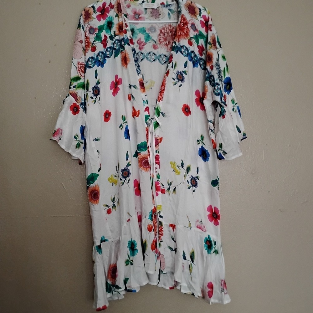 Johnny Was Kimono Medium Mirror Palace Floral Silk Blend Ruffle Boho Cottage S/M